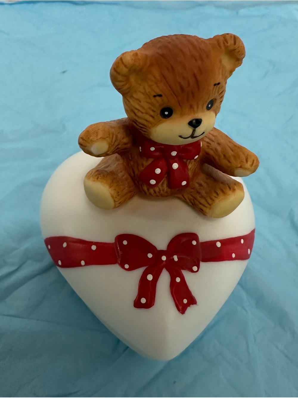 Vintage Teddy Bear Heart Ceramic Trinket Box with Red Ribbon and Brown
